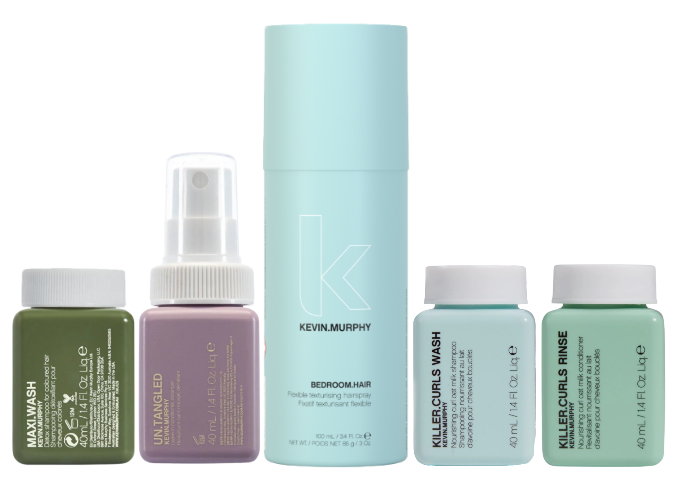 Kevin Murphy Bedroom Hair haircare set featuring a large light blue cylinder bottle, a green Max Wash jar, a lavender Angled spray bottle, a light blue Killer Curls Wash jar, and a mint Green Killer Curls Rinse jar, all on a white background.