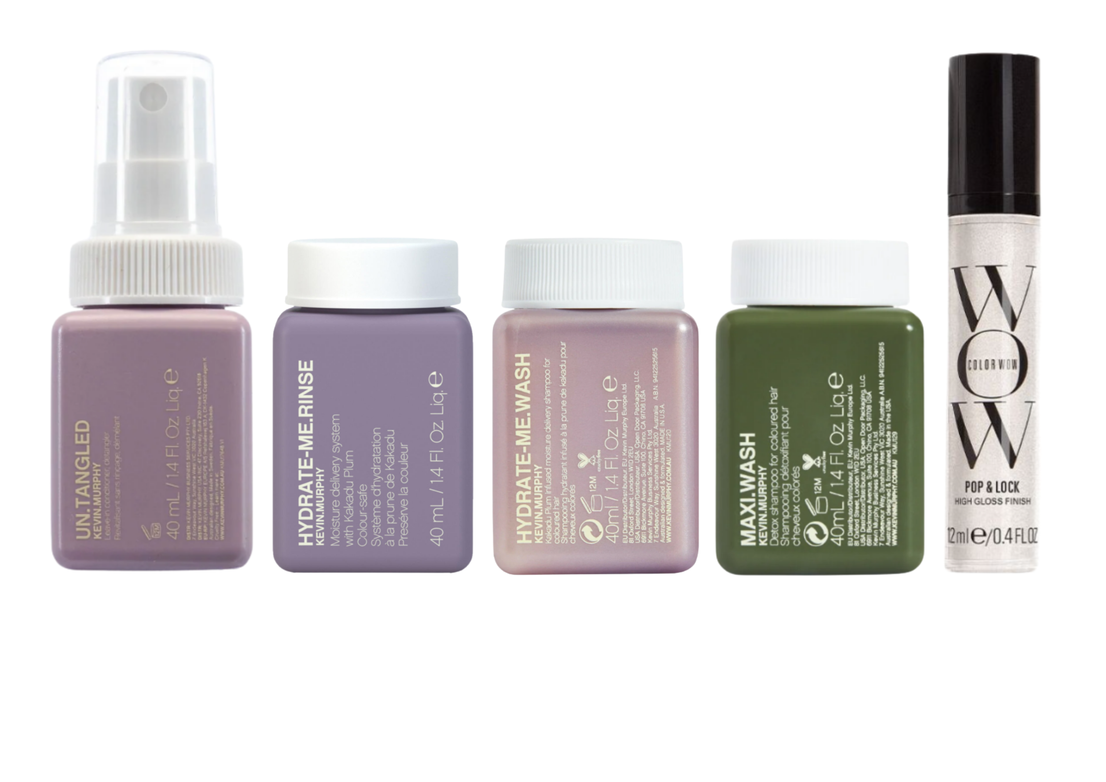 A set of five haircare products from the brands Kevin.Murphy and Color Wow arranged in a row against a plain white background. The products include a lavender-colored spray bottle, a light purple rinse jar, a dusty pink hydrate-me-wash jar, an olive green mask wash jar, and a white and black pop block roller.