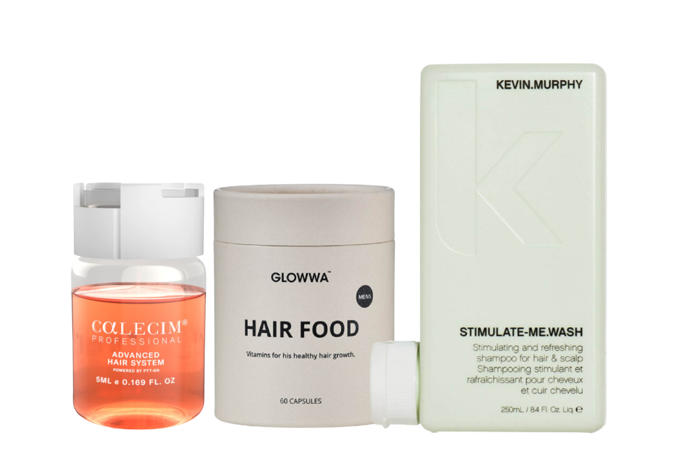 Three hair care products arranged side by side on a white background: a CALECIM Professional Advanced Hair System bottle with orange liquid, a GLOWWA Hair Food jar, and a KEVIN.MURPHY Stimulate-Me.