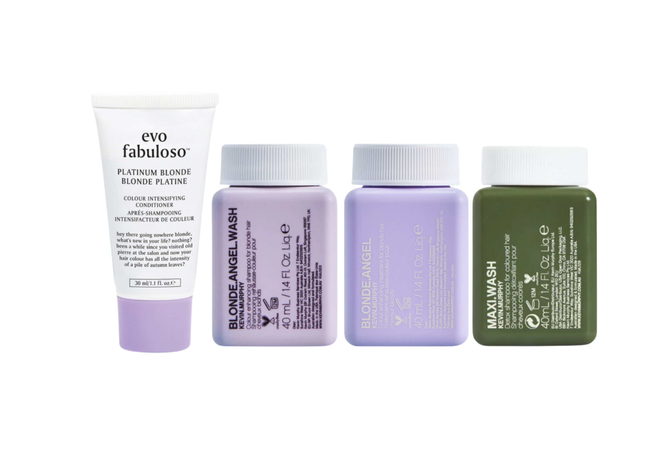 Four Evo Fabuloso and Kevin Murphy hair color maintenance products arranged in a row against a white background: a white tube of Platinum Blonde Conditioner, a lavender bottle of Blonde Angel Wash, a lavender bottle of Blonde Angel Mask, and an olive green bottle of Maxi Wash.