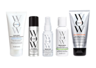 A five-piece haircare set from WOW Color & Care arranged side-by-side on a plain white background. The set includes a white tube of Color Security Conditioner, a black spray bottle of Hair Favorite, a white pump bottle of Dream Filter, a white bottle of Dream Cocktail, and a silver squeeze tube of Color Security Shampoo.