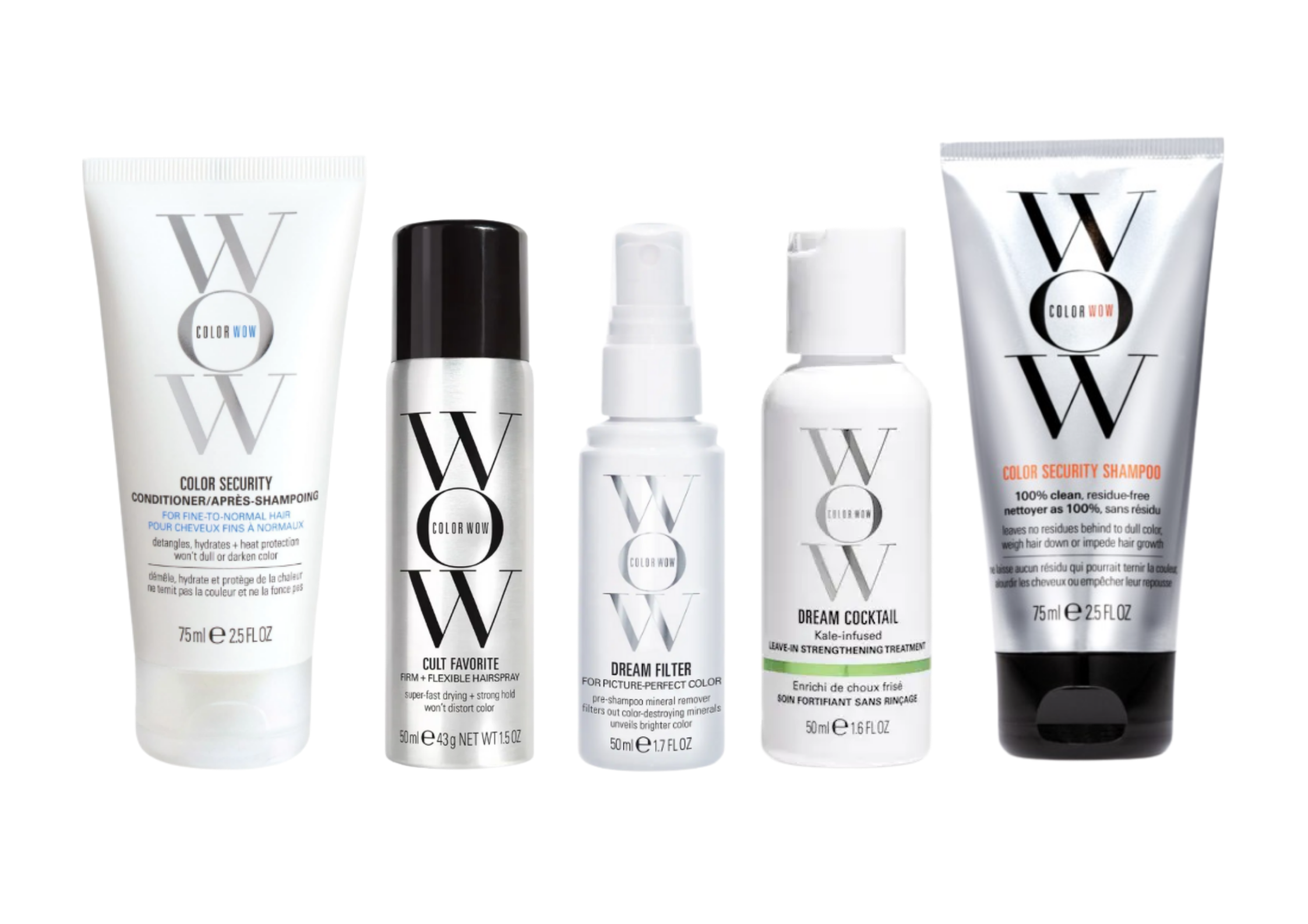 A five-piece haircare set from WOW Color & Care arranged side-by-side on a plain white background. The set includes a white tube of Color Security Conditioner, a black spray bottle of Hair Favorite, a white pump bottle of Dream Filter, a white bottle of Dream Cocktail, and a silver squeeze tube of Color Security Shampoo.