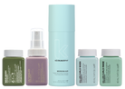 Kevin Murphy Bedroom Hair haircare set featuring a large light blue cylinder bottle, a green Max Wash jar, a lavender Angled spray bottle, a light blue Killer Curls Wash jar, and a mint Green Killer Curls Rinse jar, all on a white background.
