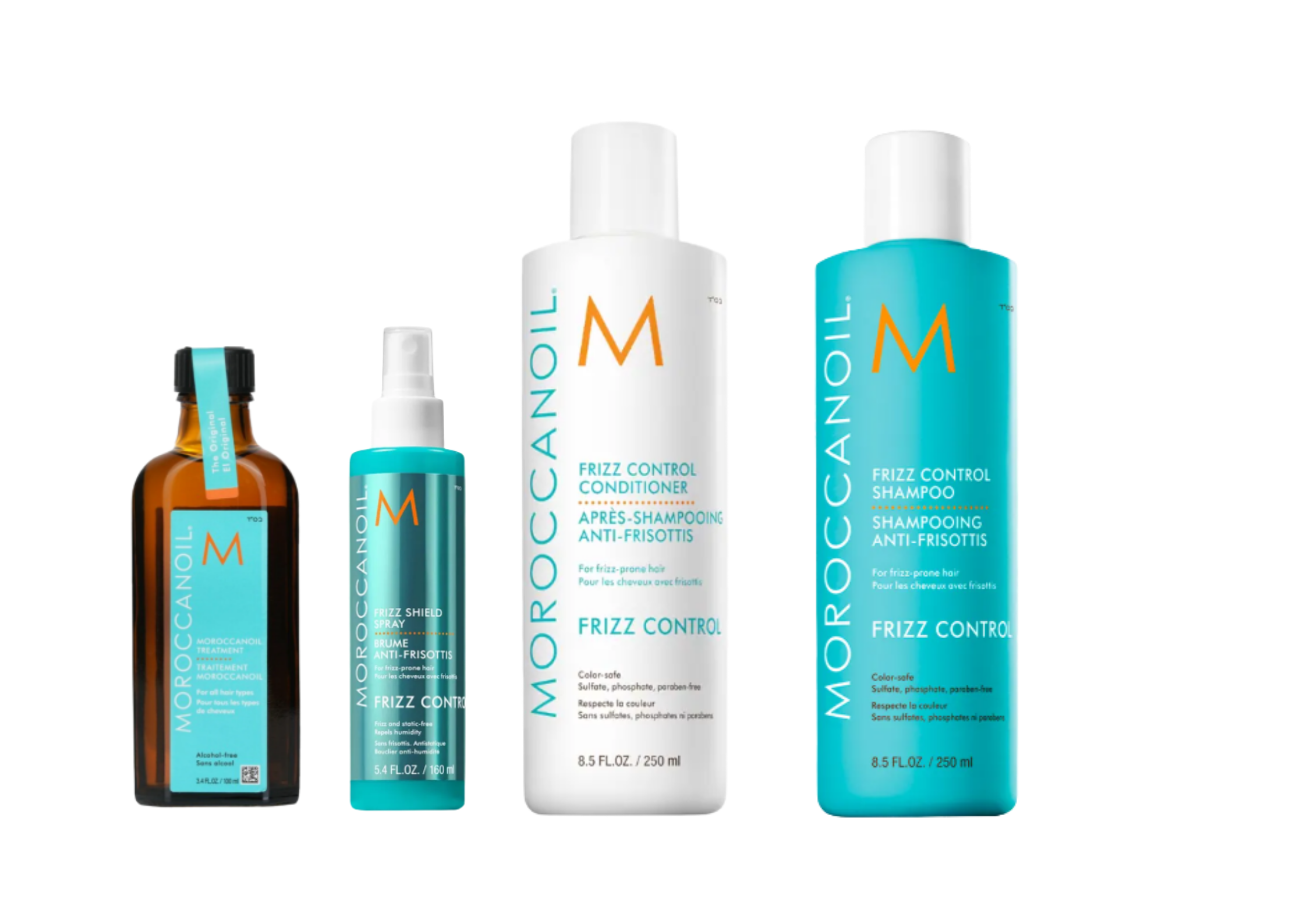 Four Moroccanoil Frizz Control haircare products arranged on a white background: an amber bottle, a turquoise spray bottle, a white bottle, and a turquoise shampoo bottle.
