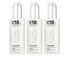 Three white bottles of K18 Biometric Hairscience Future IQ Serum arranged side by side on a plain white background.