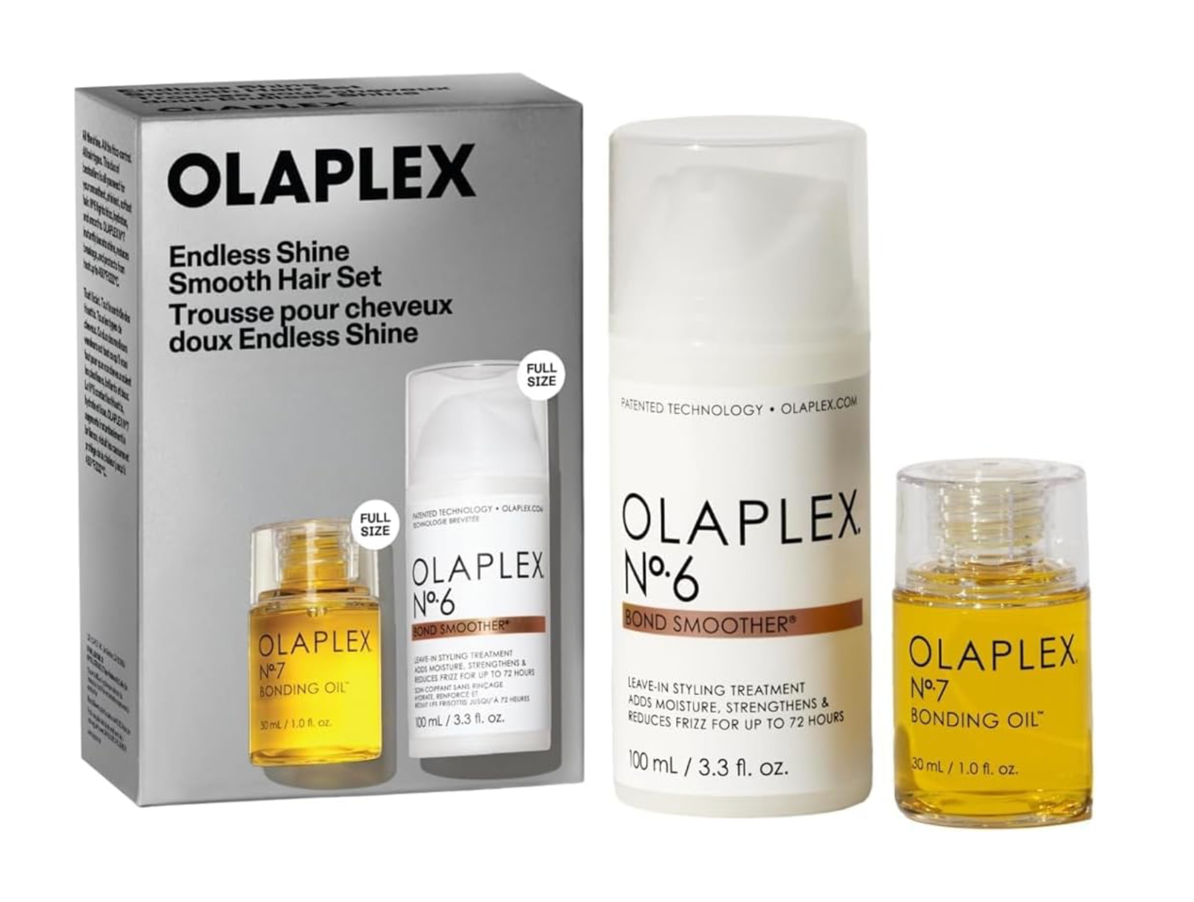 Olaplex Endless Shine Smooth Hair Set including the gray retail box, a white Bond Smoother bottle, and two Bonding Oil bottles with golden-yellow liquid, all on a white background.