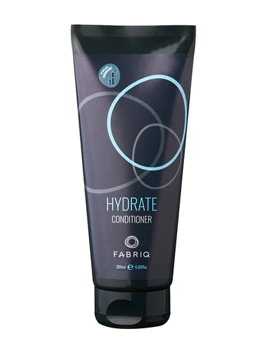 A 200ml squeeze tube of Fabriq Hydrate Conditioner, featuring a dark charcoal gray and black design with light blue circular accents and text, set against a plain white background.