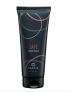 A 250ml squeeze tube of FABRIQ Safe Conditioner, featuring a dark charcoal gray/black background with abstract pink and gray circular line designs and white and pink text.