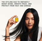 A woman with long, straight black hair holds a small bottle of OLAPLEX hair serum against a clean white background, with promotional text at the top.