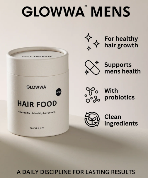 A white cylindrical supplement jar labeled GLOWWA Hair Food with black text and icons on a warm beige background. The image includes marketing copy for GLOWWA MENS, such as 'For healthy hair growth,' 'Supports mens health,' 'With probiotics,' and 'Clean ingredients.