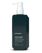 Kevin Murphy Thick.Again leave-in thickening treatment for thinning hair in a dark teal bottle with a white pump dispenser, shown on a plain white background.