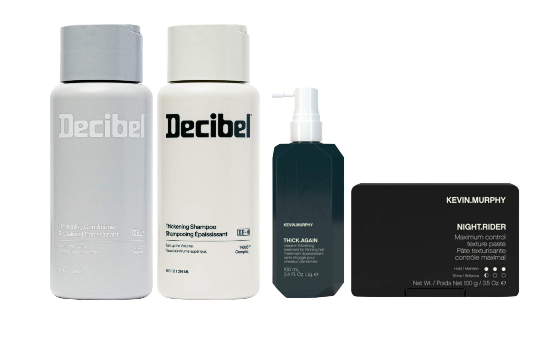 Four haircare products arranged side by side on a plain white background: a light gray Decibel relaxing conditioner bottle, a white Decibel thinning shampoo bottle, a dark teal Kevin Murphy Thick Again pump bottle, and a black Kevin Murphy Night Rider matte control pomade box.