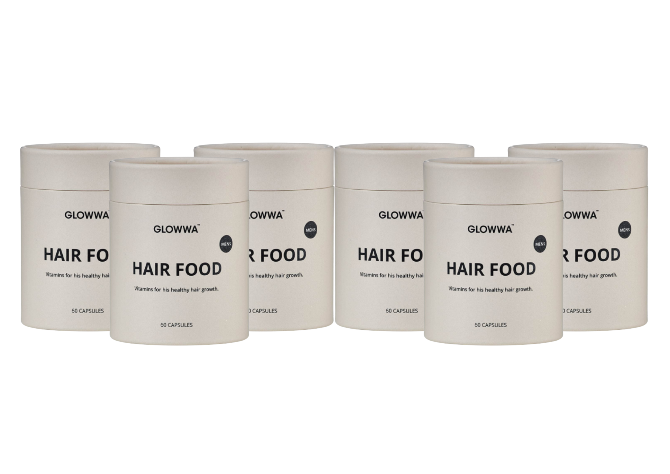 Six white cylindrical supplement containers labeled GLOWWA Hair Food arranged in two rows against a plain white background.