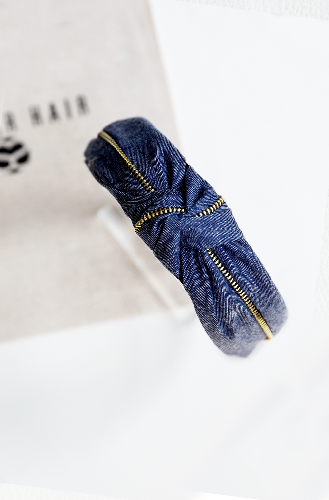 navy blue denim zip headband